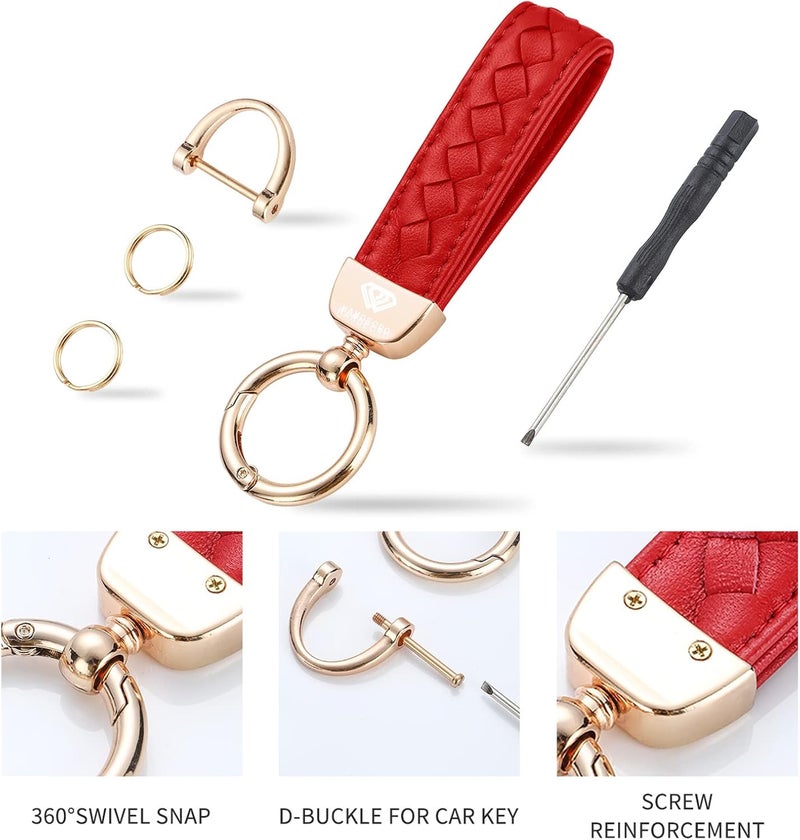 Hamdecro Store Genuine Leather Keychains, Handmade Knit Sheepskin Car Key chains for Women, Universal Key Fob Holder with 360 Degree Rotatable, Anti-Lost D-Ring, 2 Keyrings and 1 Screwdriver – Red - Image 3